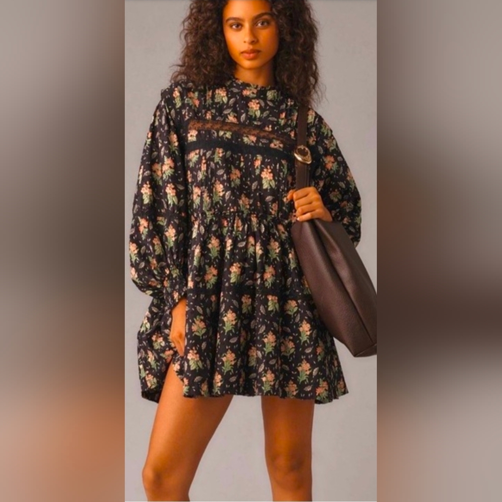 SP Pilcro for Anthropologie Floral Long-sleeve Mock-neck Swing Mini Dress